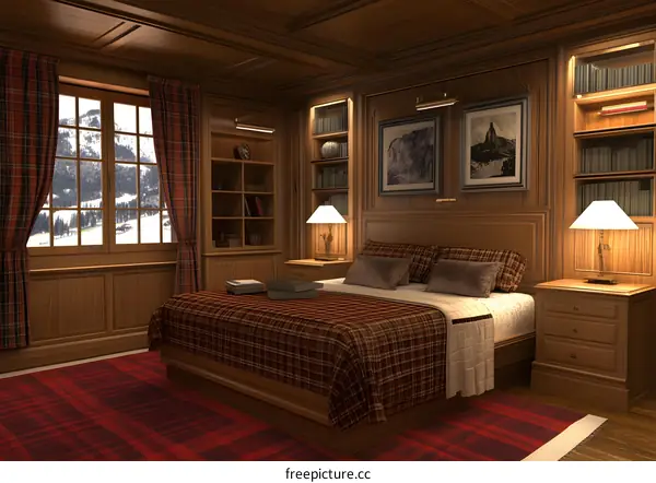 Cozy Wooden Bedroom with Plaid Bedding and Mountain View