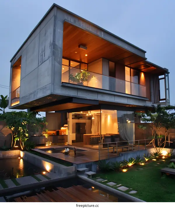 Modern Concrete House with Backyard Pond