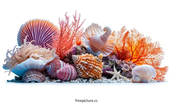 A beautiful arrangement of seashells and coral on a white background
