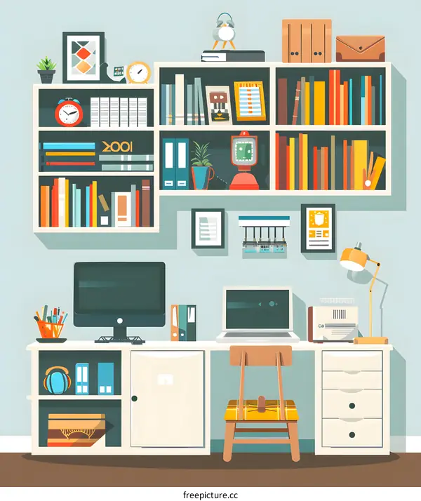 Modern Home Office Design with Bookshelf and Desk