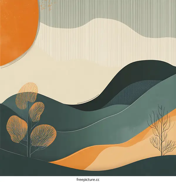 Abstract Landscape Art with Orange Sun and Green Hills