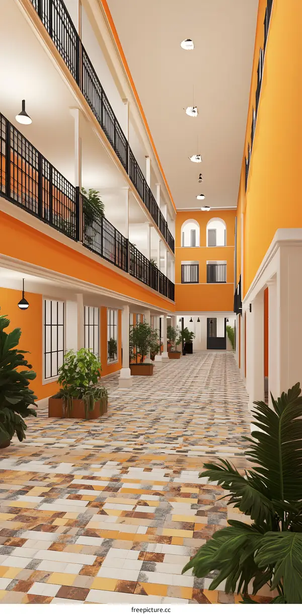 Modern Interior Design of  Multistory Building with Orange Walls and Black Railings
