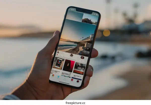 Hand Holding Smartphone Showing Social Media App on Beach