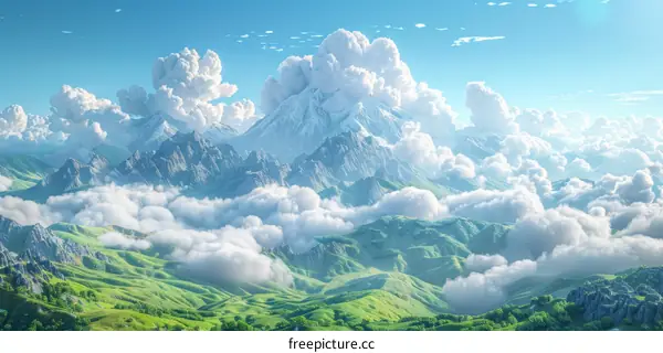 Majestic Mountain Landscape with Fluffy Clouds