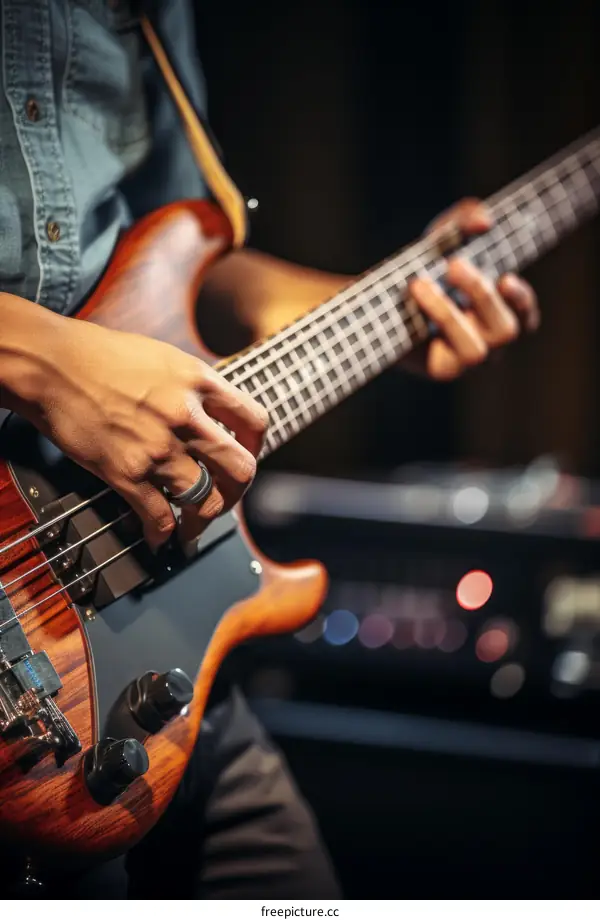 Close up of a musician playing an electric bass guitar