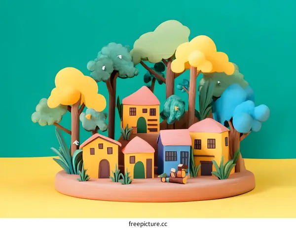 Papercraft Village with Colorful Houses and Green Trees