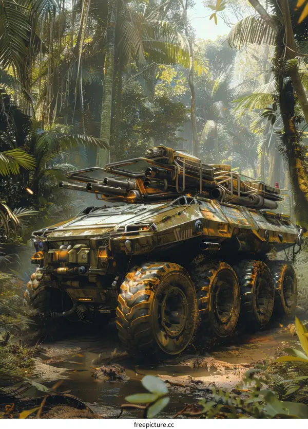 The military vehicle rides through the jungle