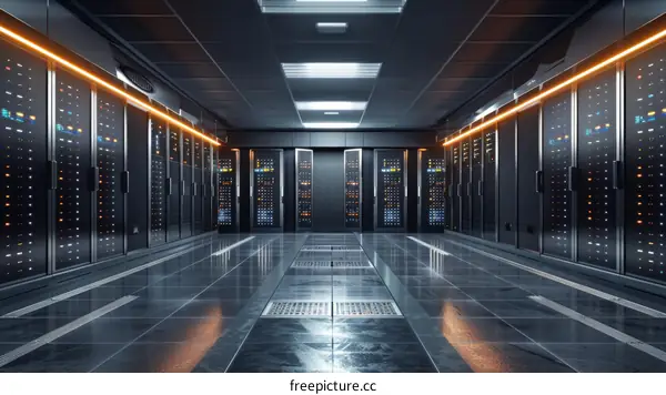 Futuristic server room with supercomputers