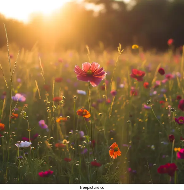 Close-up of cosmos flowers in a field at sunset