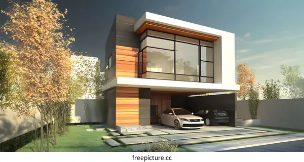 Modern House Design with a Garage and a Green Yard