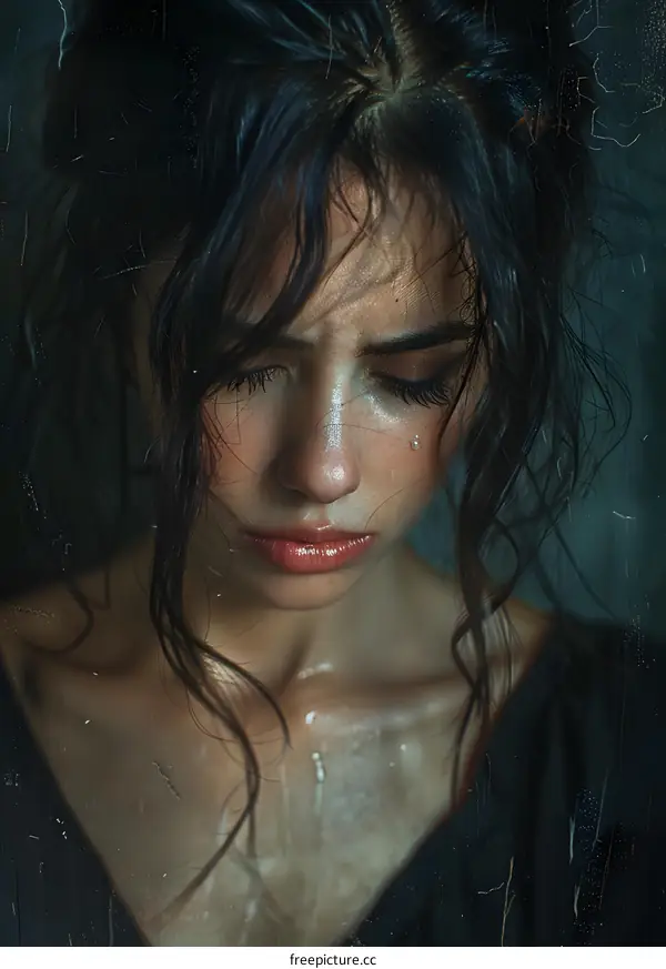 Portrait of a crying woman with wet hair