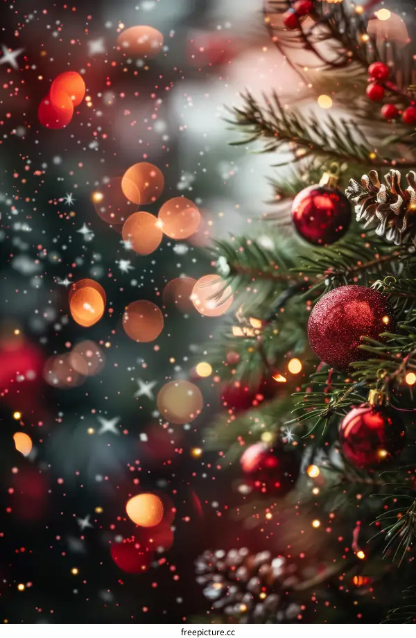 Christmas tree with red ornaments and twinkling lights