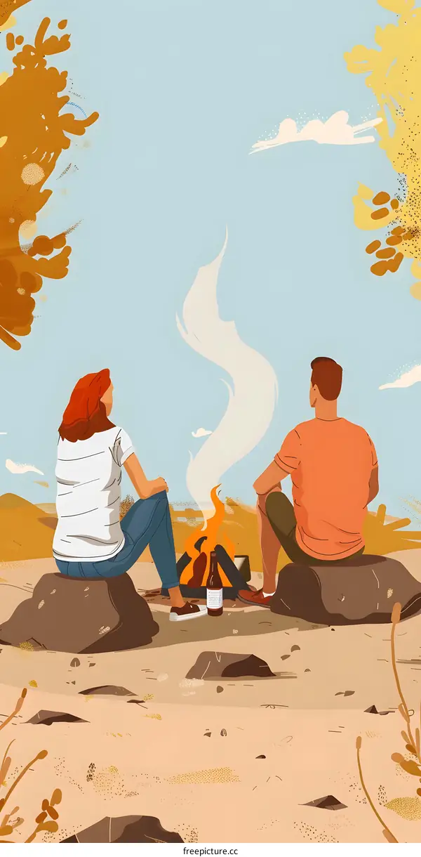 Couple Sitting by a Bonfire on a Rocky Beach