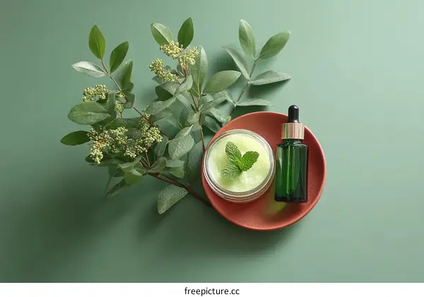 Natural Skincare Products Display with Fresh Herbs