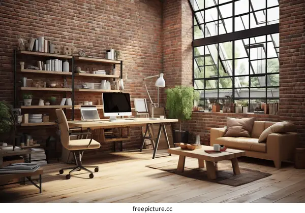 workspace with natural light and brick walls