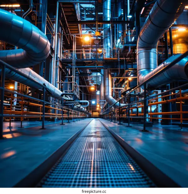 Interior of a factory with blue lights illuminating the scene