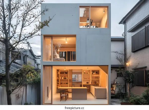 Modern Concrete House with Large Windows and Open Kitchen