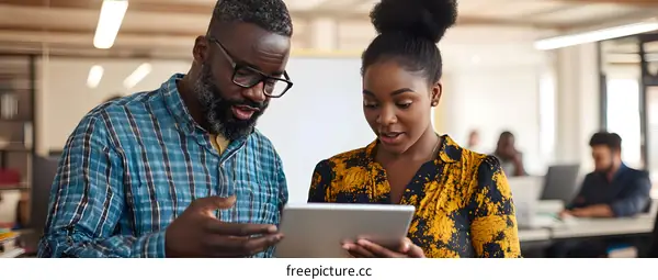 Two Business Colleagues Looking at Digital Tablet In Office