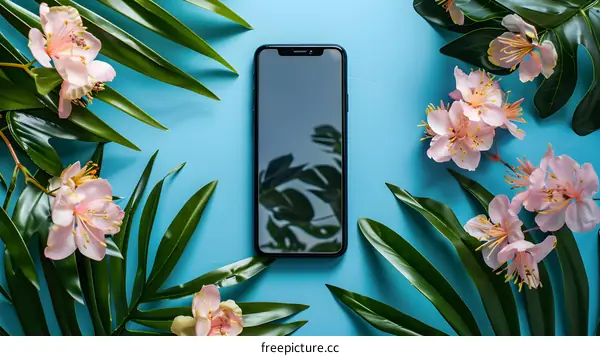 Floral Design With Phone on Blue Background