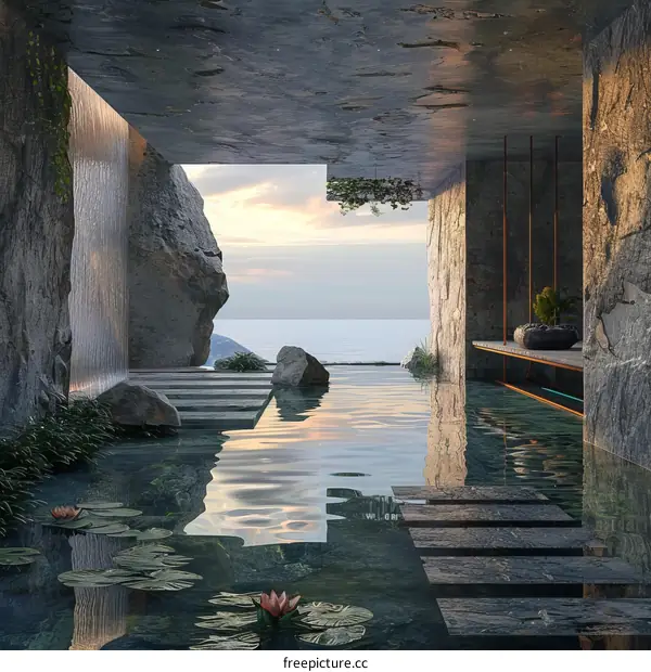 Modern sea view house interior design with swimming pool and sunset