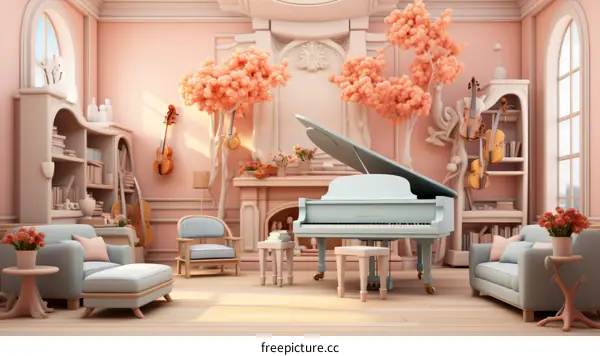 A beautiful pink living room with a piano and trees