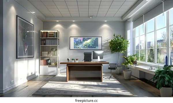 Modern office interior with large windows, a desk, a computer, and a bookshelf.