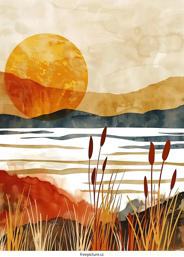 Watercolor Abstract Landscape with Sunset and Grass