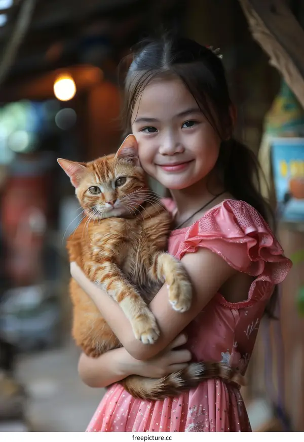 Little girl hugging an orange cat