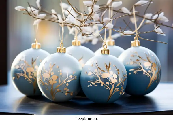 Blue and Gold Christmas Ornaments Hanging on a Branch