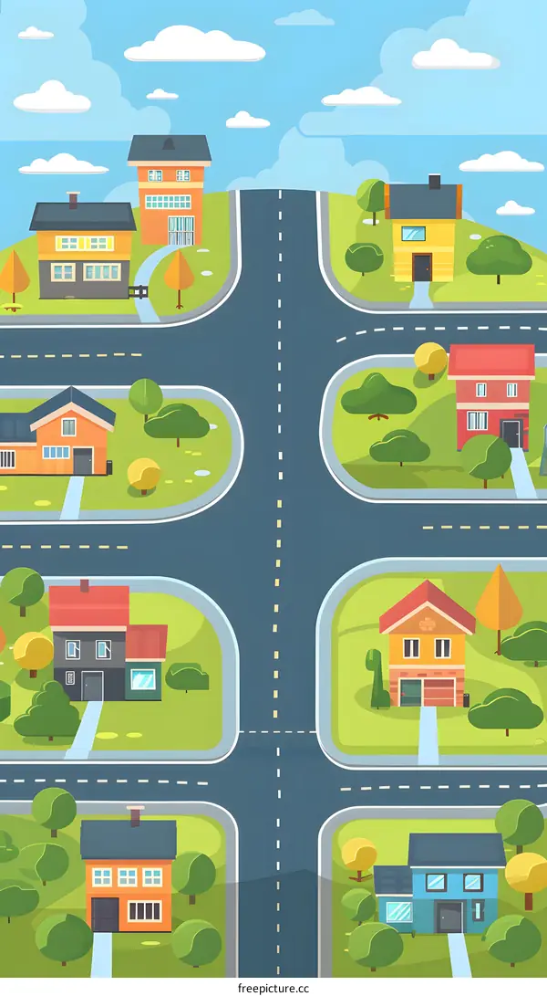 Cartoon illustration of a neighborhood with houses and roads