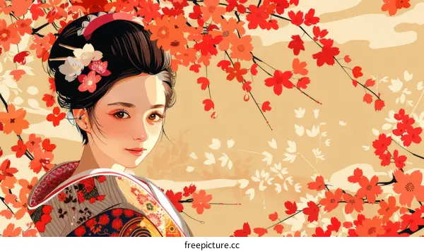 A beautiful Japanese woman in a kimono stands in a field of red彼岸花.