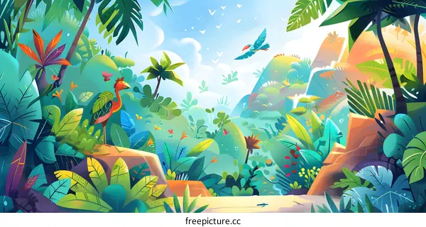 Tropical Rainforest Illustration with Lush Greenery and Colorful Birds