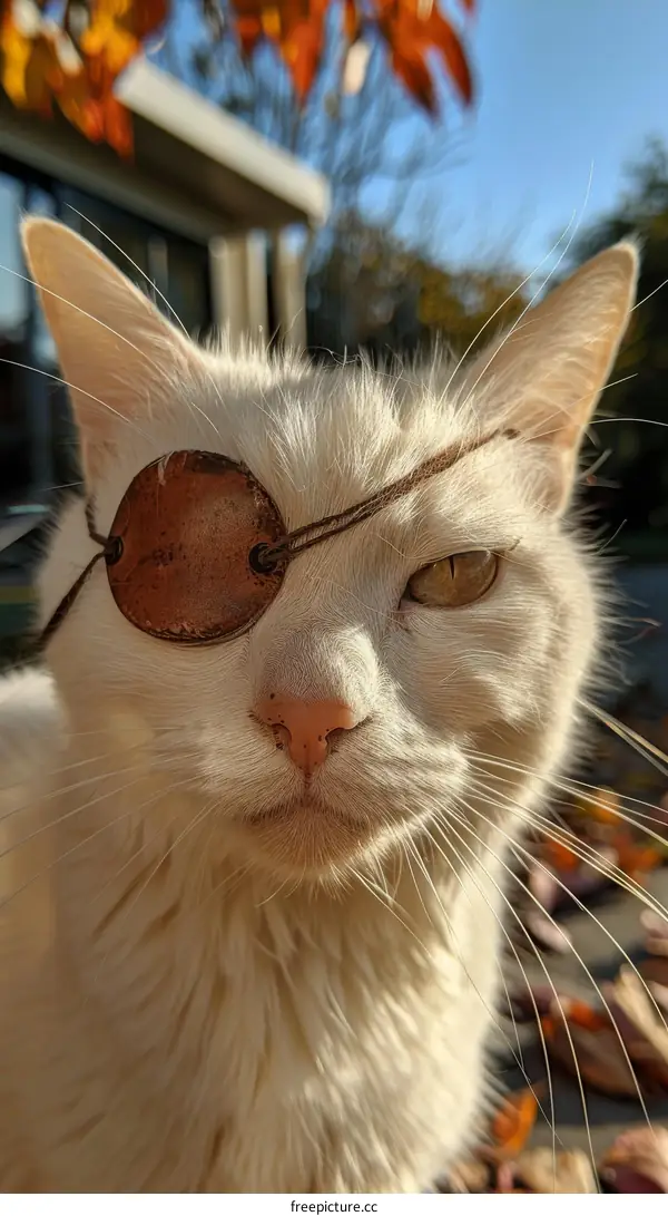 Portrait of a white cat wearing an eye patch