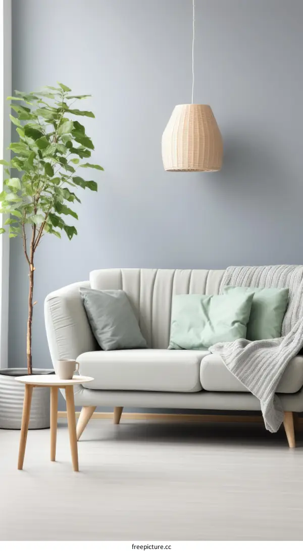 A Stylish Living Room With A Comfortable Couch And A Plant