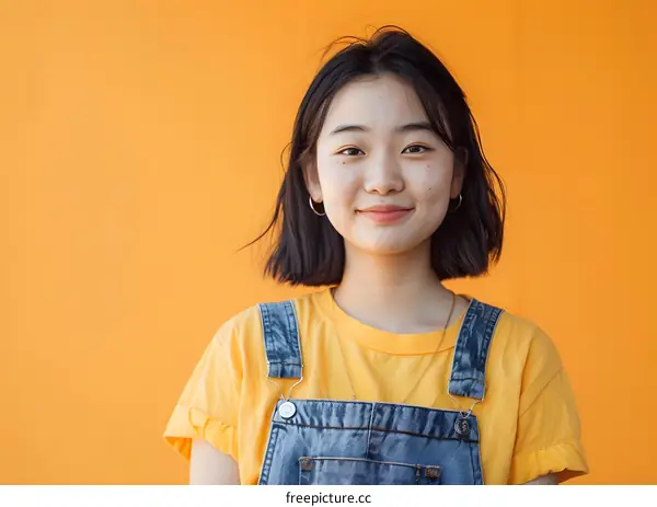 Smiling Young Asian Woman in Yellow T-shirt and Denim Overalls