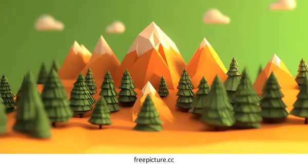 Low Poly Mountains with Green Trees and Clouds