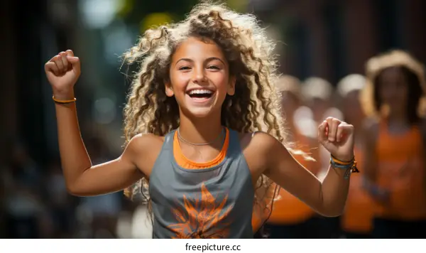 Curly-haired girl with arms in the air