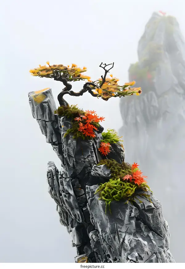 Bonsai Tree on Rocky Mountain Peak in Fog