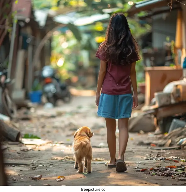 Little girl walking with a puppy in the street