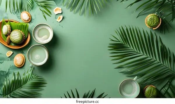 Green Tea Latte with Palm Leaves and Cookies