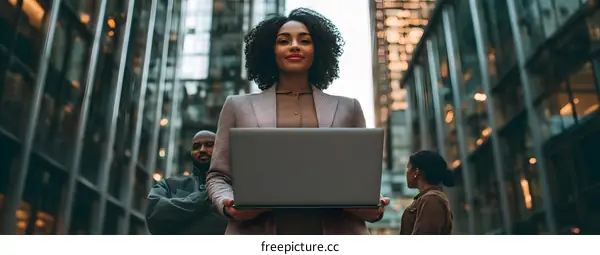 Businesswoman Holding Laptop in Front of Modern Skyscrapers