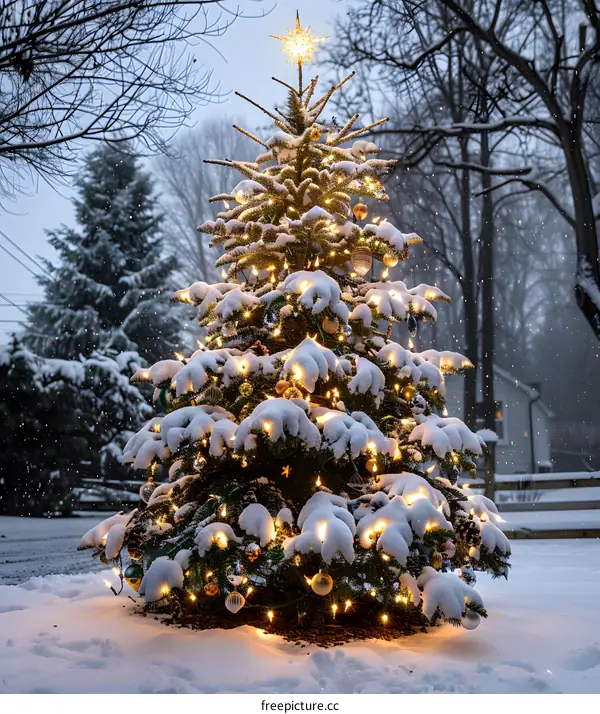 Snow Covered Christmas Tree With Lights