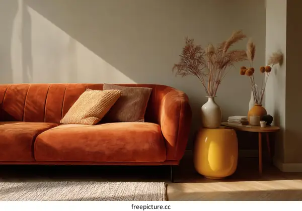 Modern Living Room with Orange Velvet Sofa