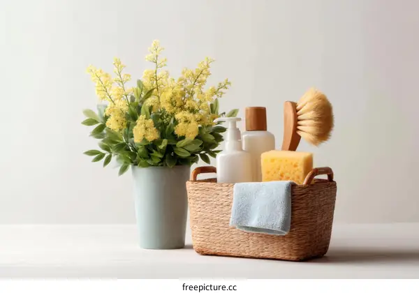 Spring Cleaning Supplies in a Wooden Basket
