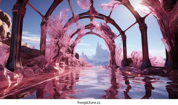 Pink alien landscape with pink crystal trees and water