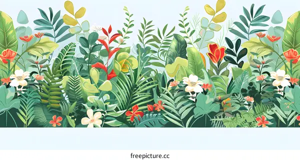 Tropical Plants and Flowers Seamless Pattern
