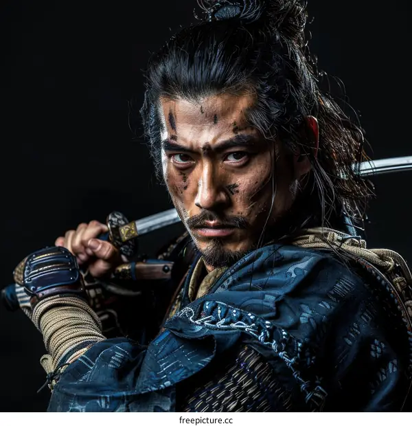 Portrait of a determined samurai warrior with a sword