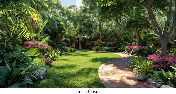 Courtyard with Tropical Plants and Flowers