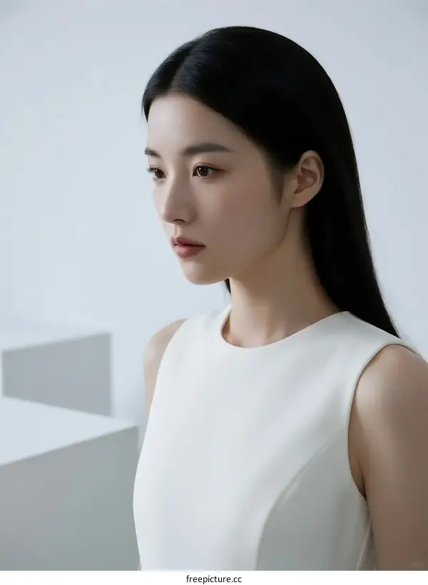 Elegant Young Asian Woman with Long Black Hair in White Sleeveless Dress