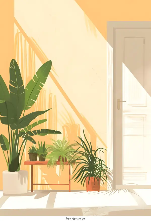 Houseplant Illustration with Yellow Wall and Wooden Table